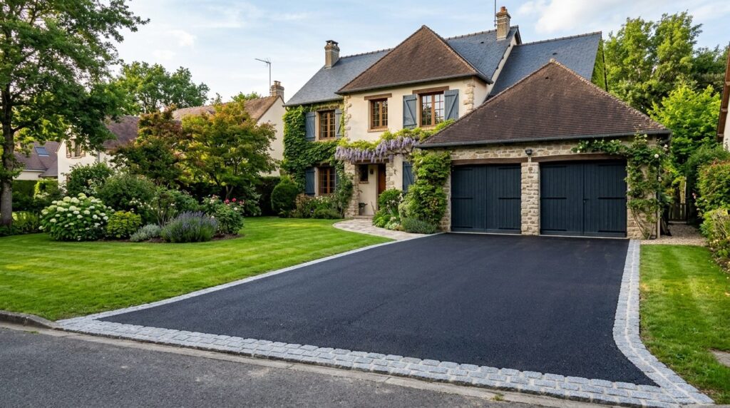 Allée de garage en enrobé noir fraîchement posé avec bordures en pavés gris, menant à un garage