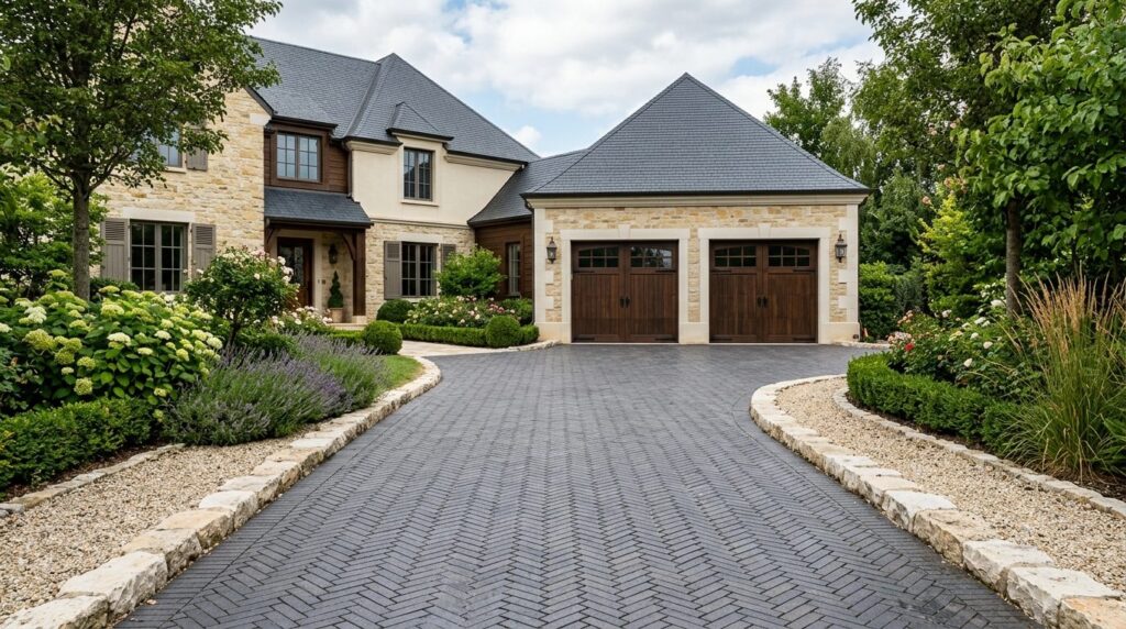 Allée de garage en pavés béton gris anthracite posés en chevrons, avec bordures claires, devant un garage