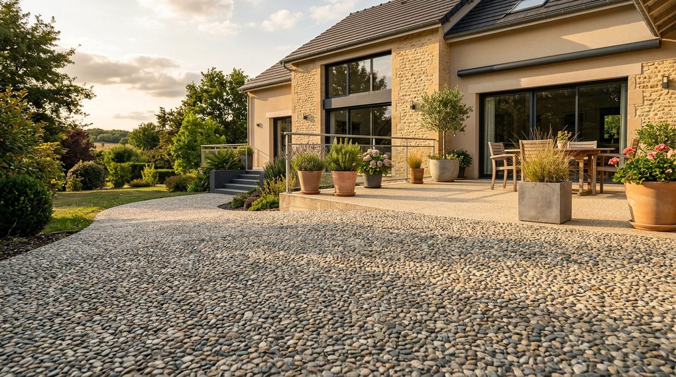 Terrasse et allée en béton désactivé gris-beige devant une maison contemporaine, granulats de rivière apparents
