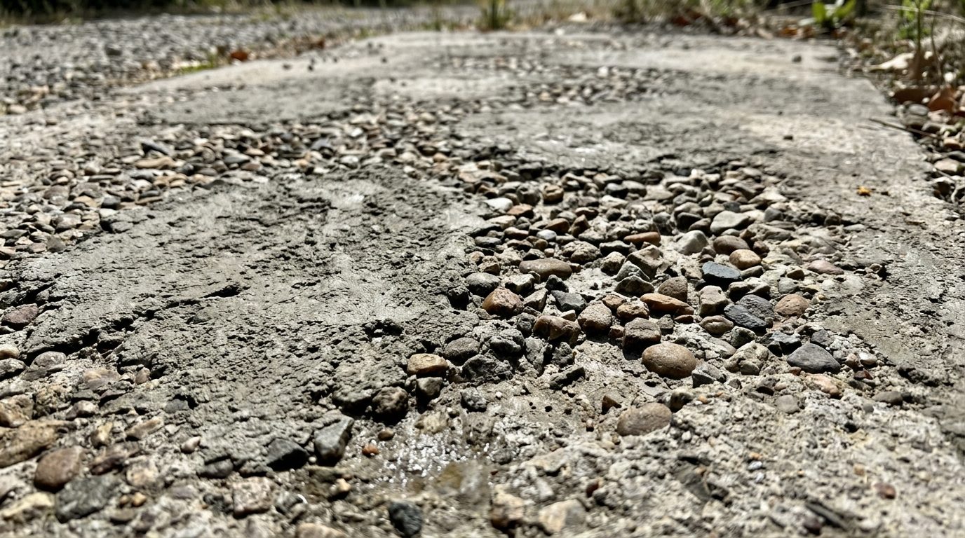Béton désactivé raté : zones ternes non lavées à côté de zones où les graviers sont apparents