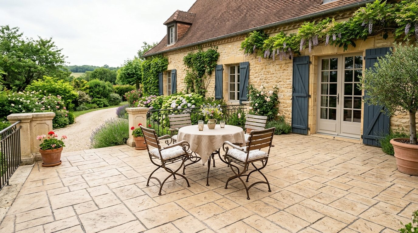 Terrasse en béton imprimé motif pierre ashlar teinte sable devant une maison, avec salon de jardin