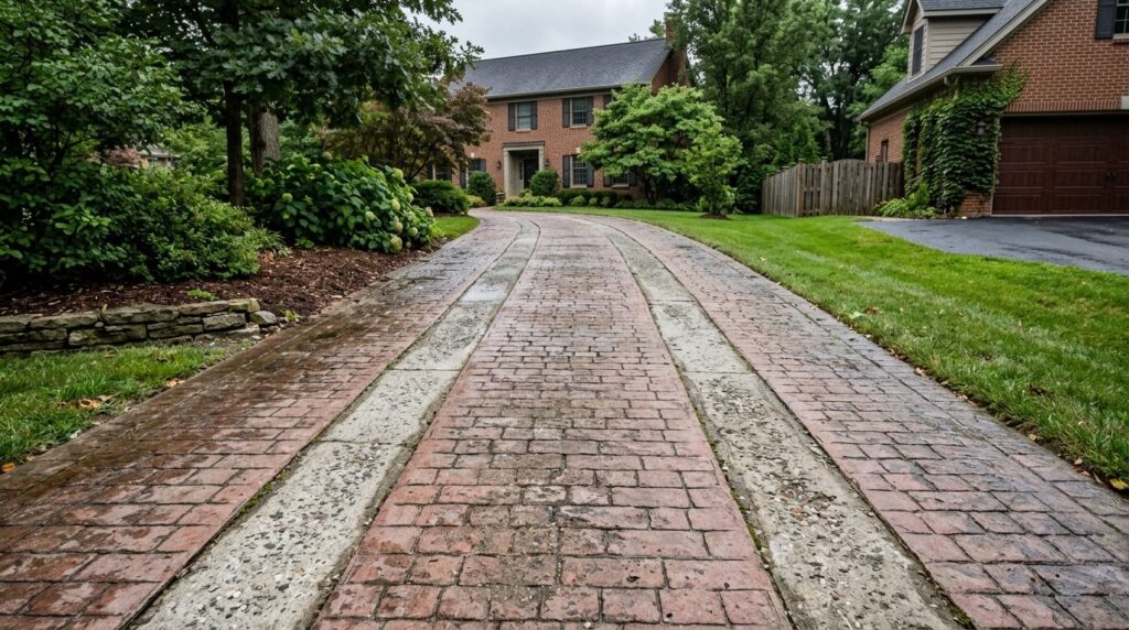 Béton imprimé ancien dont la couleur de surface s'est usée sur la zone de passage des roues