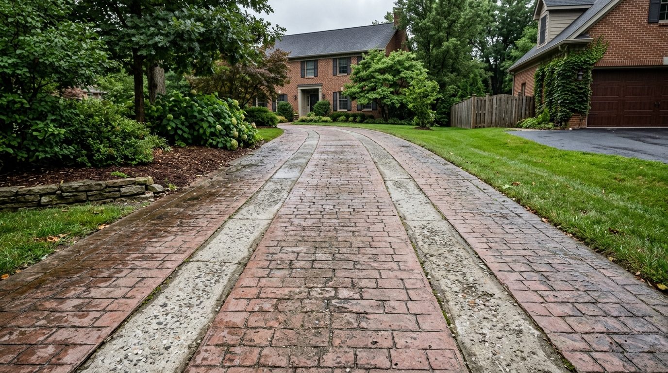 Béton imprimé ancien dont la couleur de surface s'est usée sur la zone de passage des roues