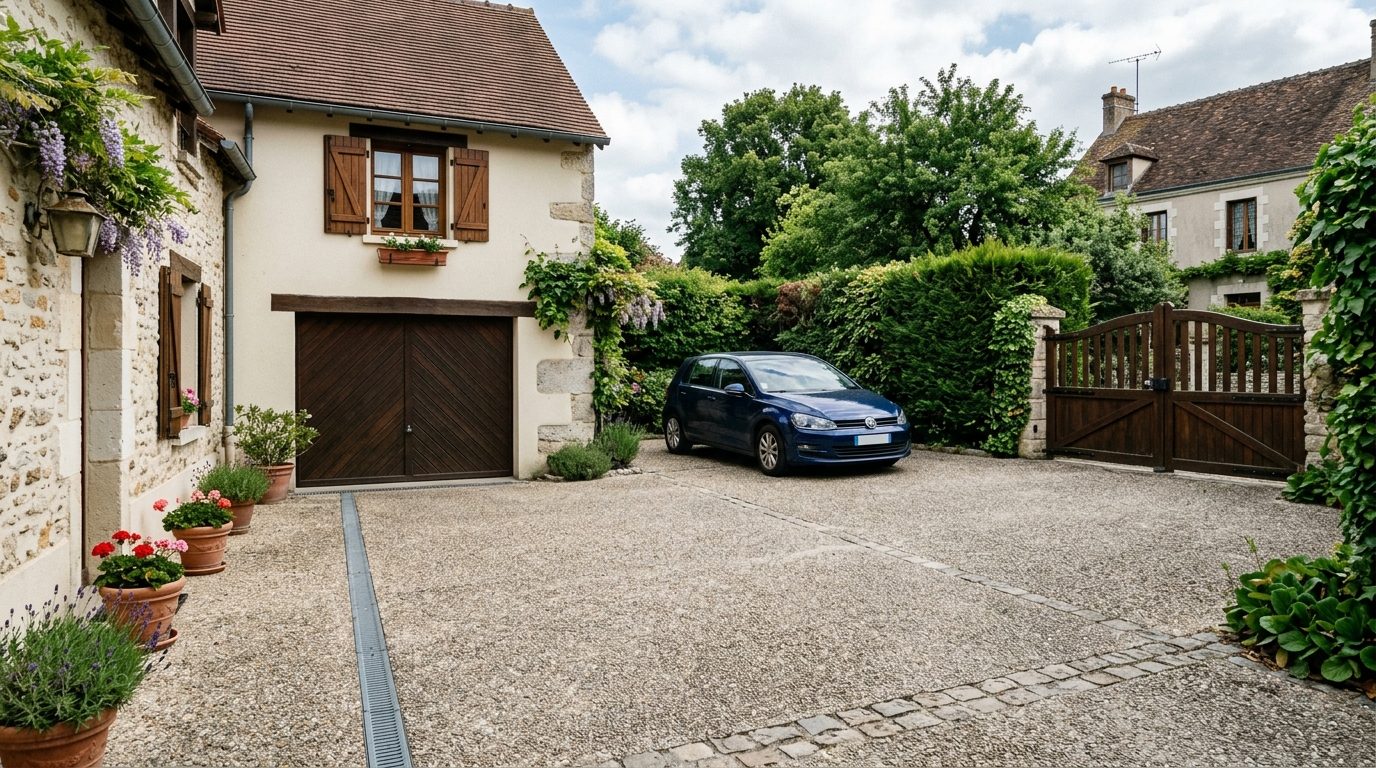 Cour de maison en béton désactivé gris-beige avec voiture garée et portail, caniveau devant le garage