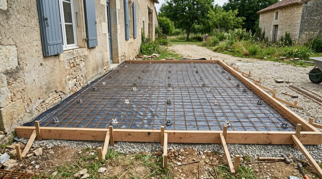Coffrage bois et treillis soudé sur cales prêts pour couler une dalle de terrasse en béton contre une maison