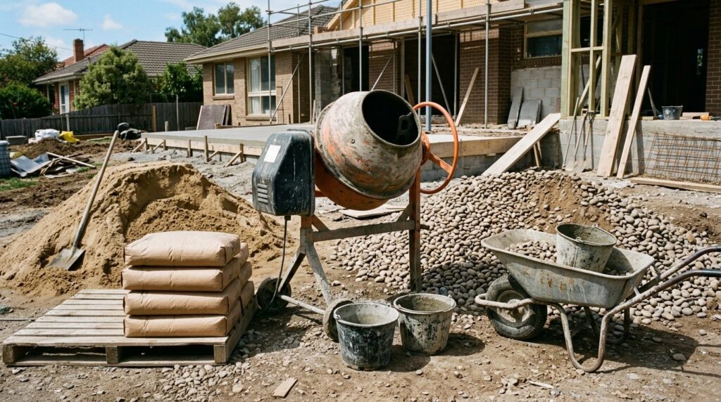 Bétonnière, sacs de ciment, tas de sable et de gravier préparés pour couler un petit béton désactivé