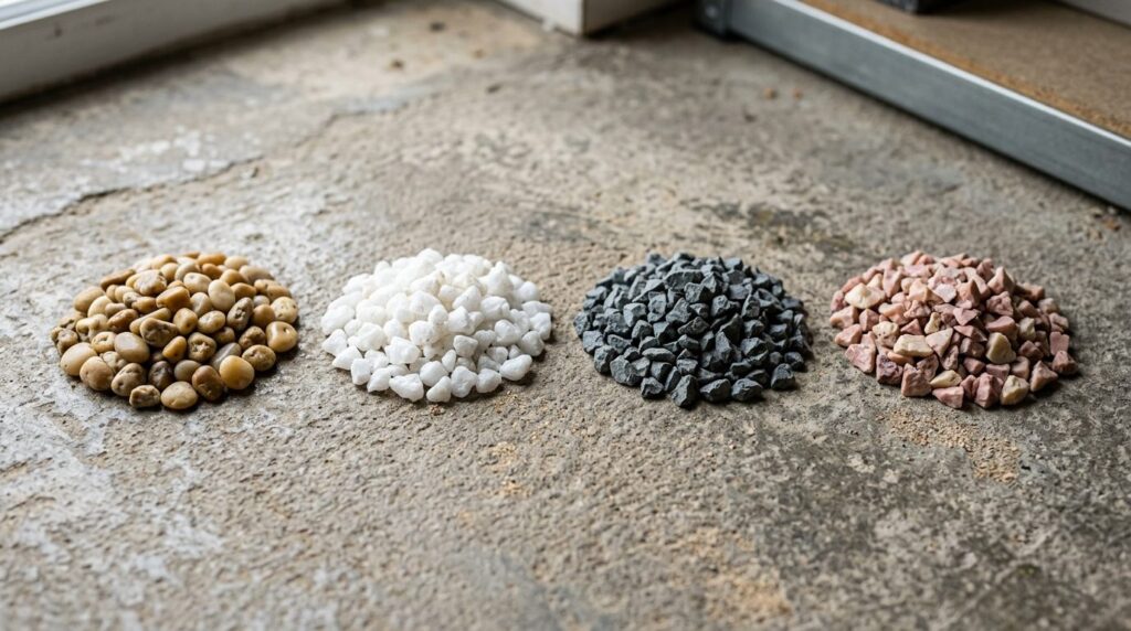 Tas de graviers roulés et concassés de différentes couleurs (silex beige, quartz blanc, marbre, basalte) pour béton désactivé