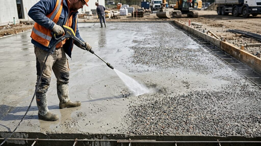 Ouvrier lavant un béton désactivé fraîchement coulé au nettoyeur haute pression pour révéler les graviers