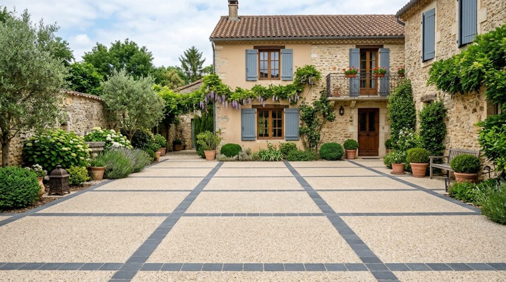 Cour en béton désactivé beige avec calepinage en carrés délimités par des bandes de pavés anthracite