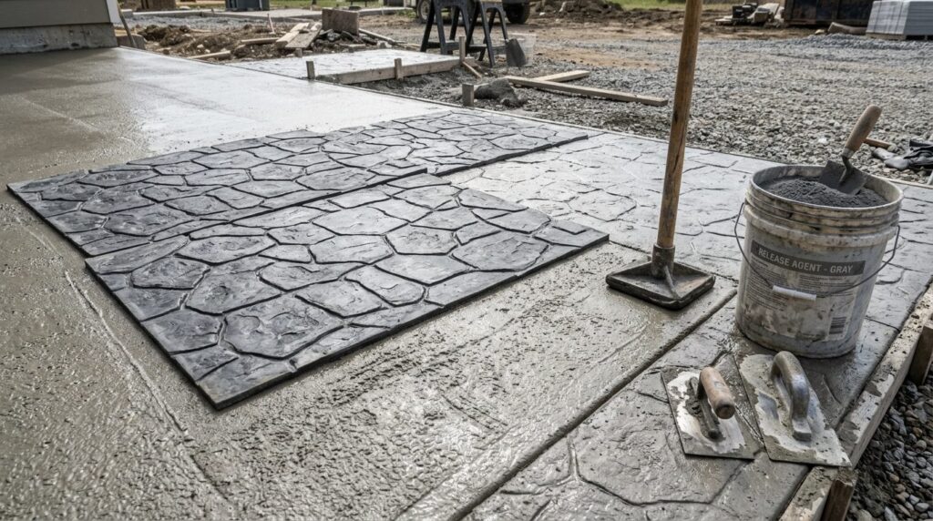 Matrices en polyuréthane à motif pierre posées sur un béton frais, avec rouleau et seau de démoulant