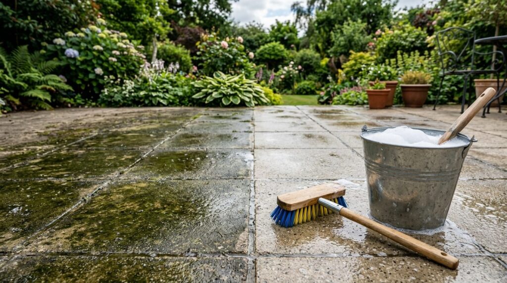 Terrasse en béton à moitié nettoyée, contraste entre la partie verdie et la partie propre, brosse et seau
