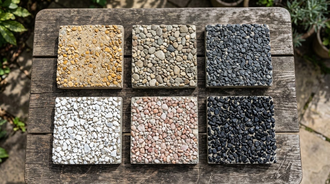 Nuancier de béton désactivé : six échantillons carrés de couleurs différentes, beige, gris, anthracite, blanc marbre, rose et noir