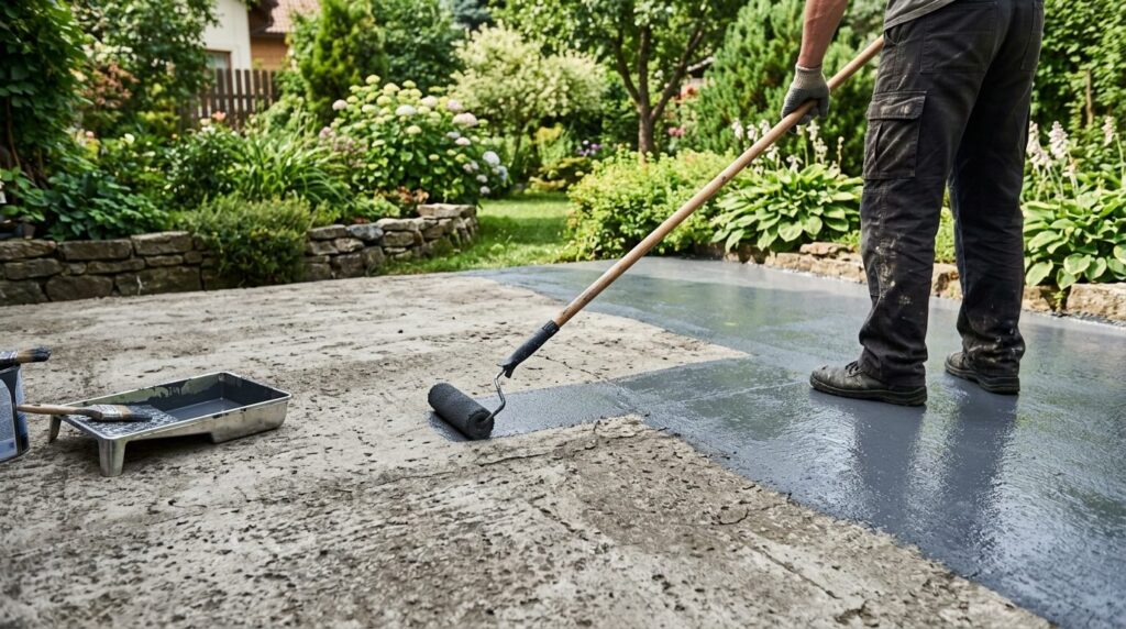 Application au rouleau d'une peinture gris anthracite sur une terrasse en béton, moitié peinte