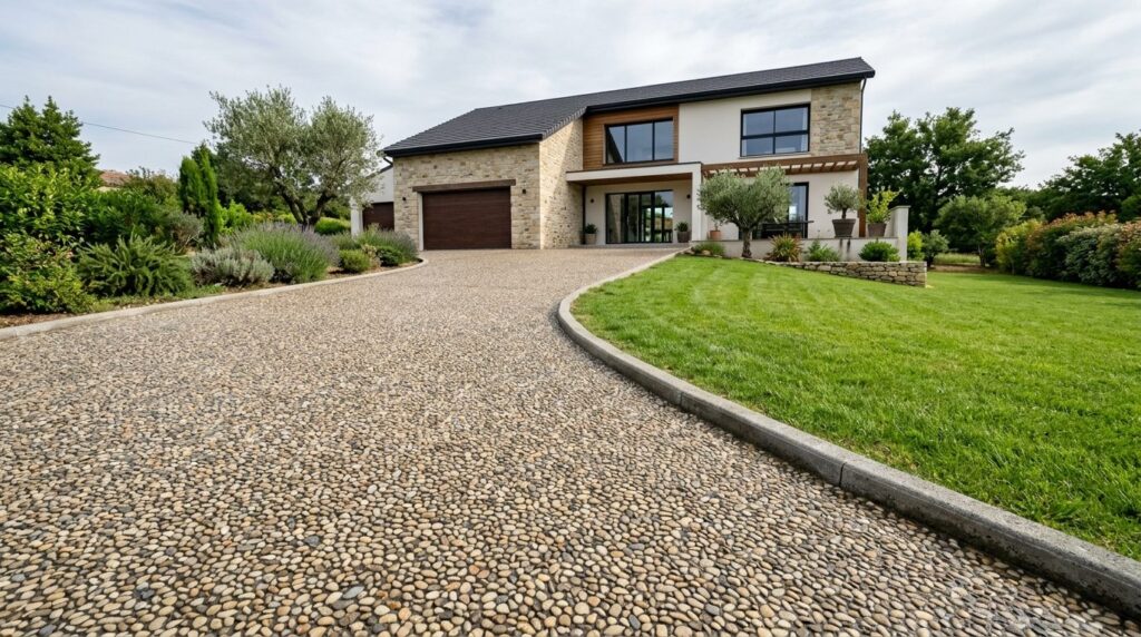 Allée de maison en béton désactivé beige fraîchement lavée, granulats apparents, bordures et pelouse