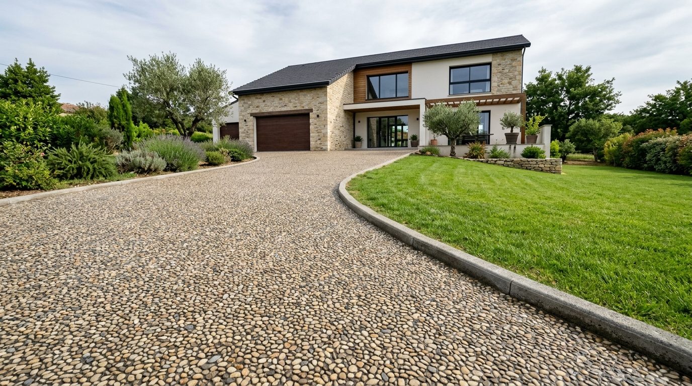 Allée de maison en béton désactivé beige fraîchement lavée, granulats apparents, bordures et pelouse