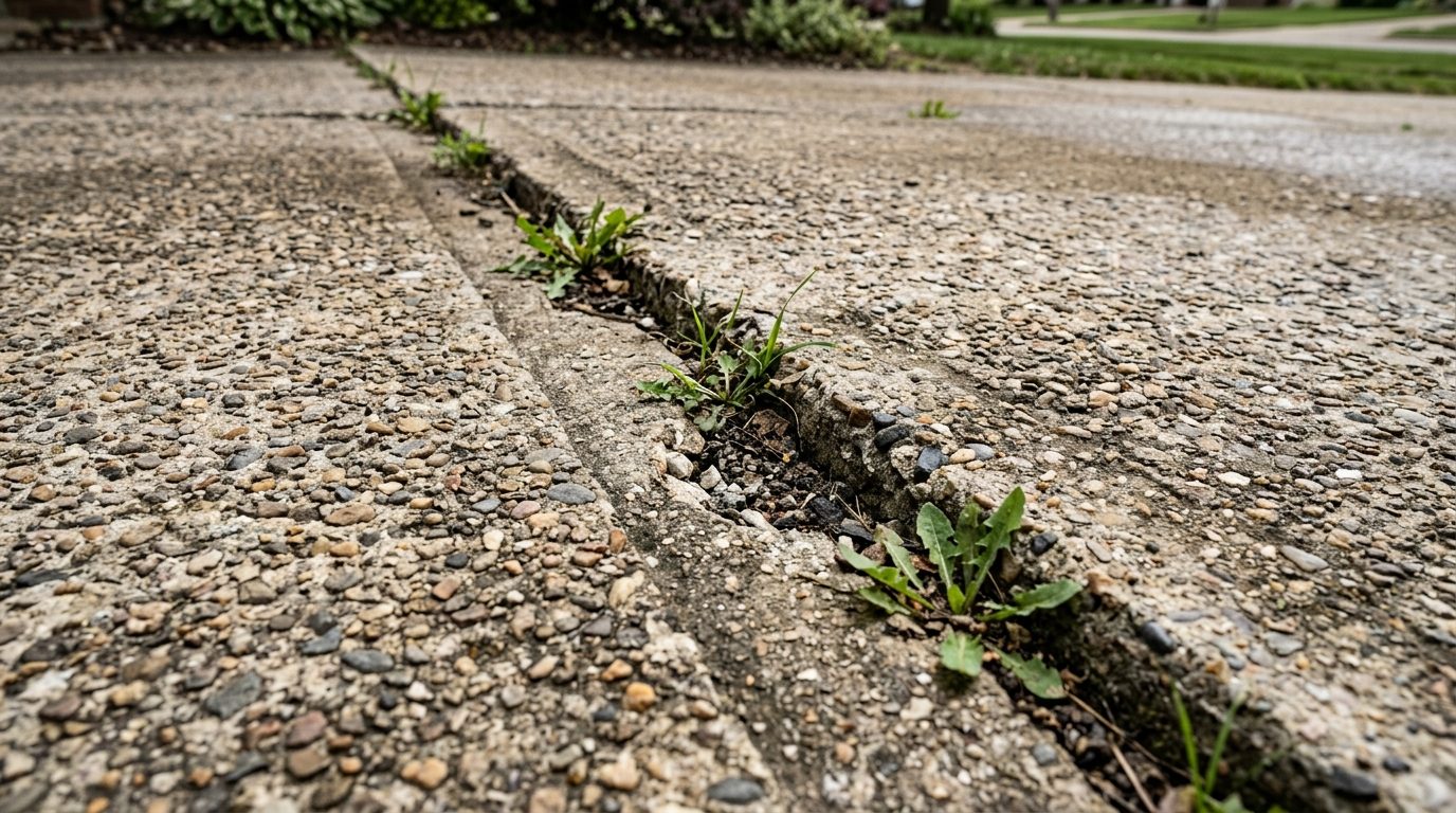 Béton désactivé raté : fissure traversante sur une dalle extérieure