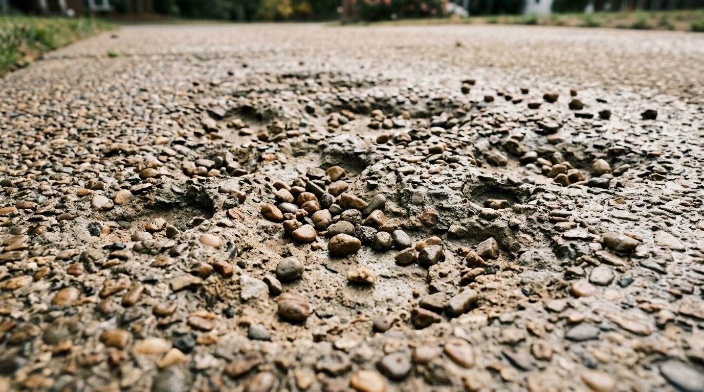 Béton désactivé raté : graviers arrachés laissant des cratères en surface