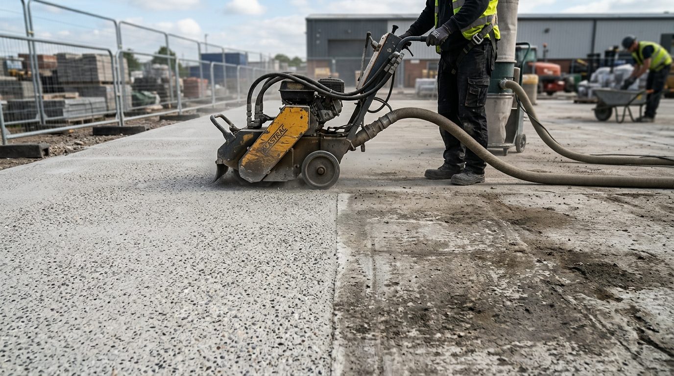Reprise d’un béton désactivé raté par grenaillage, avant et après passage de la machine