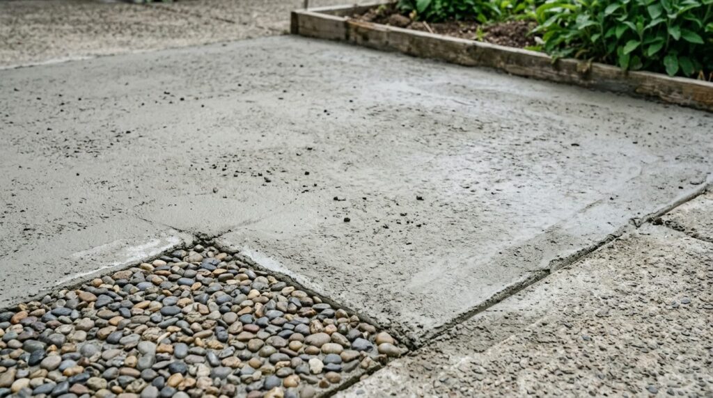 Béton désactivé raté : surface restée grise et lisse, laitance non lavée, graviers à peine visibles