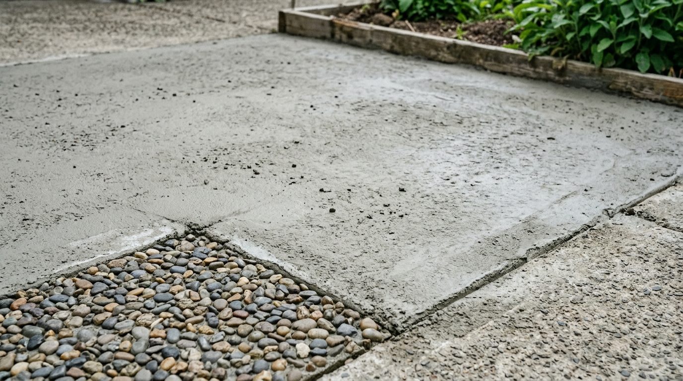 Béton désactivé raté : surface restée grise et lisse, graviers non dégagés
