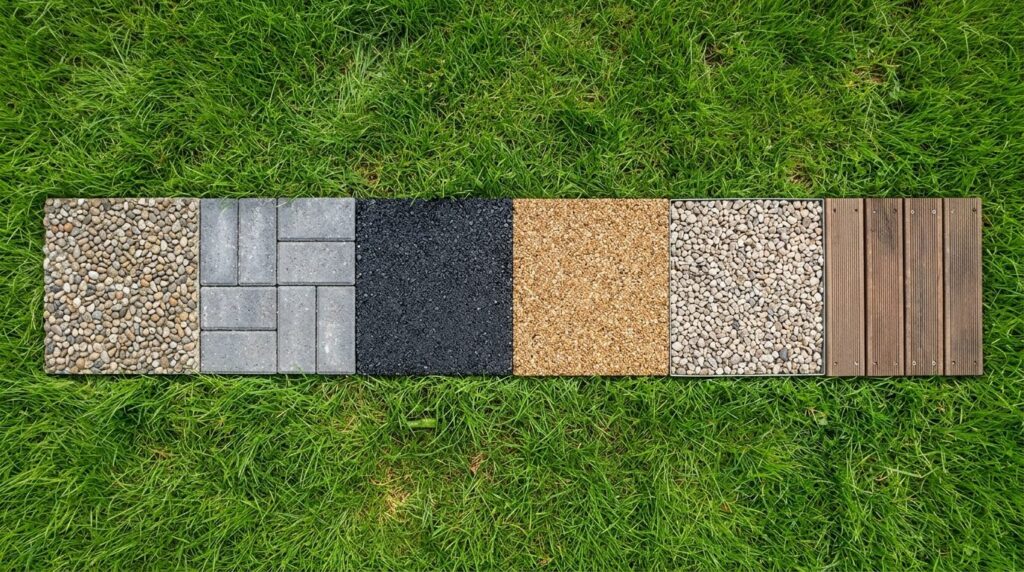 Échantillons de revêtements de sol extérieur côte à côte : béton désactivé, pavés, enrobé, résine gravillonnée, gravier, bois