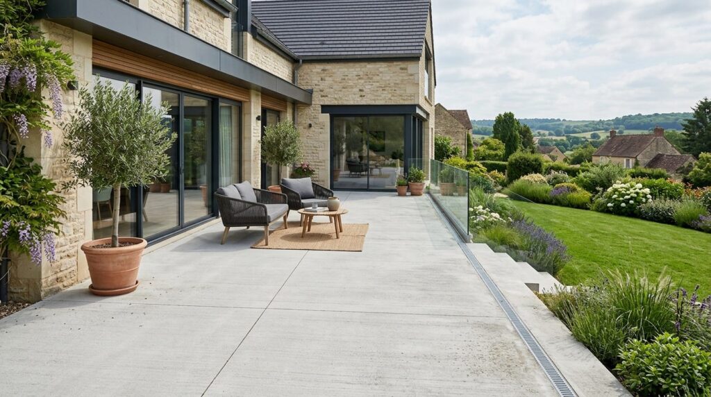 Terrasse en béton balayé gris clair attenante à une maison, avec joints de dilatation et salon de jardin