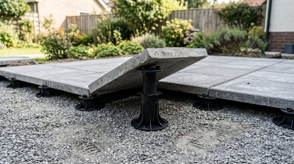 Pose de dalles béton 50x50 sur plots réglables noirs, une dalle soulevée montrant le plot