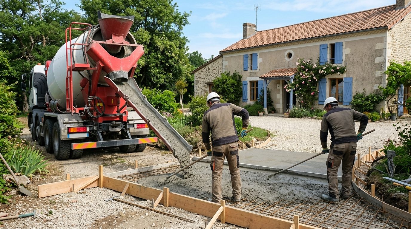 Camion toupie déchargeant du béton désactivé sur une allée coffrée devant une maison